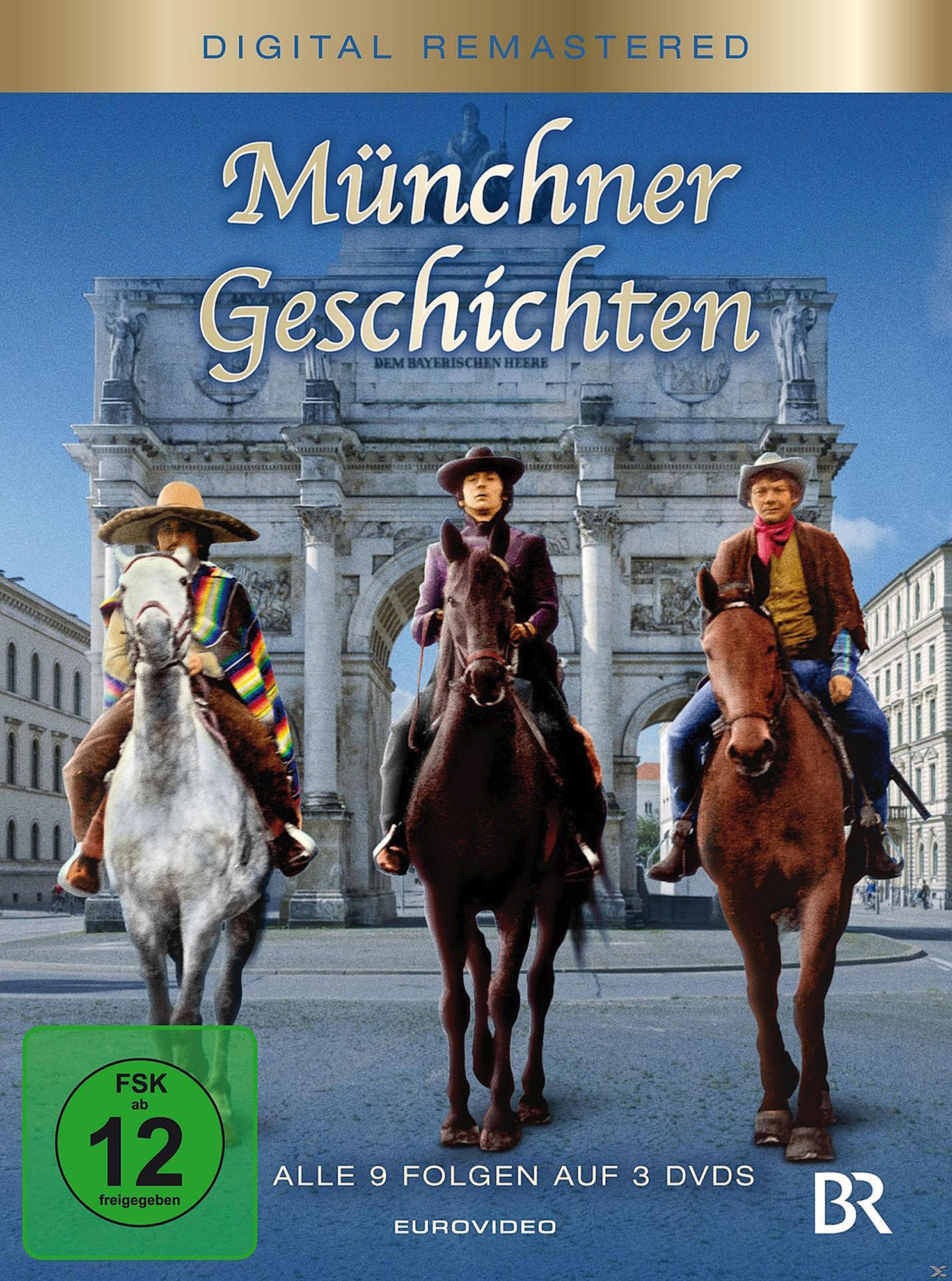 DVD-Cover: Drei Männer auf Pferden. Titel "Münchner Geschichten", ein Bogen im Hintergrund.