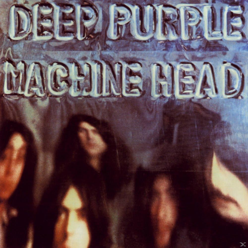 Albumcover für Deep Purple Machine Head. Bandmitglieder sind verschwommen. Silberner Text auf blauem Hintergrund.
