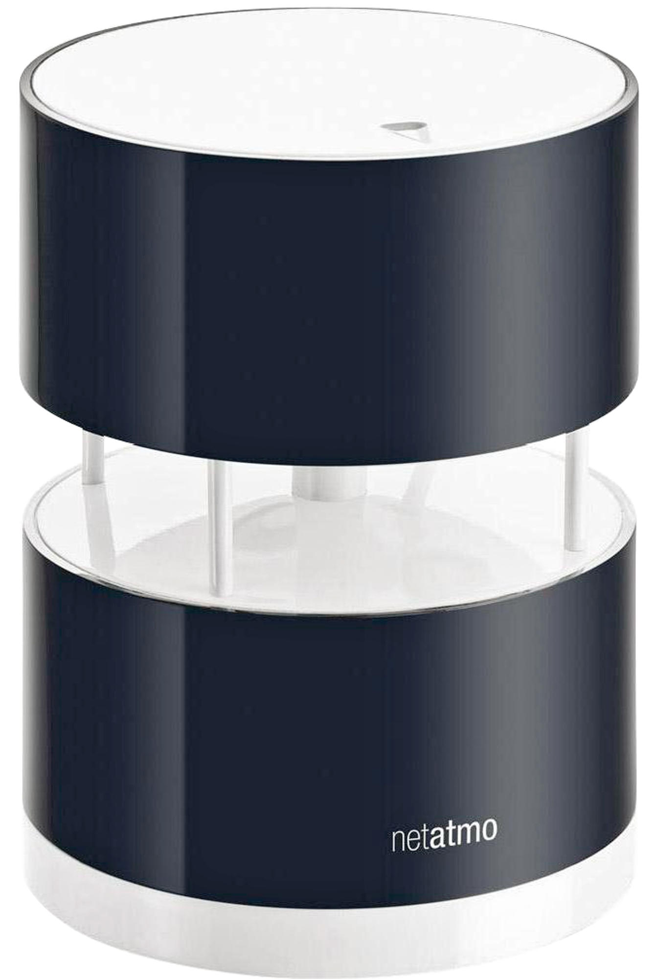 Un moniteur de qualité de l'air cylindrique noir et blanc. Il a deux sections avec une base blanche.