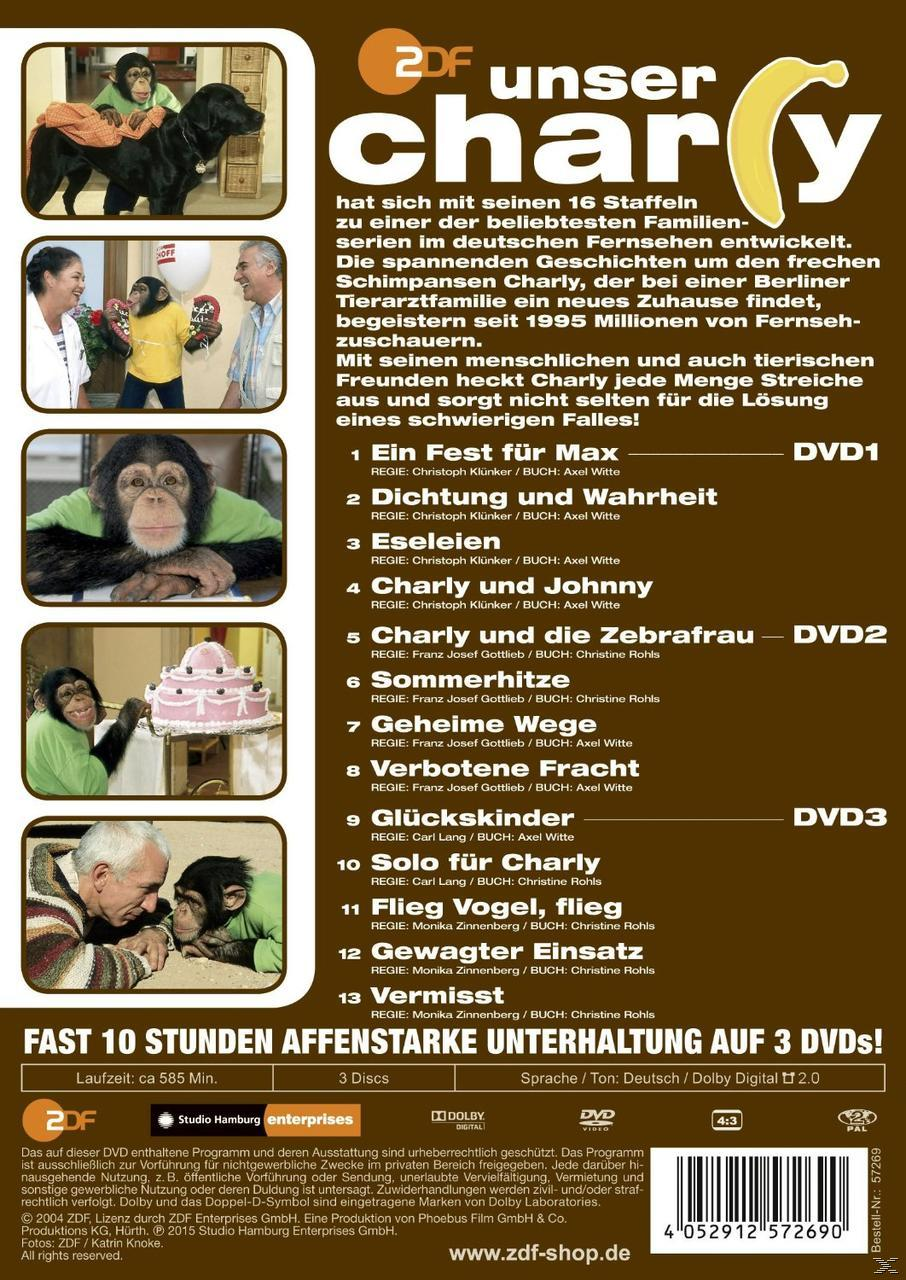 DVD-Cover für 'Unser Charly', mit Schimpansen und einem Mann mit Text.