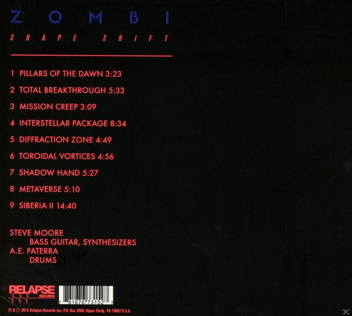 Album-Trackliste: Shape Shift von Zombi. Tracks sind nummeriert und aufgelistet. Schwarzer Hintergrund.