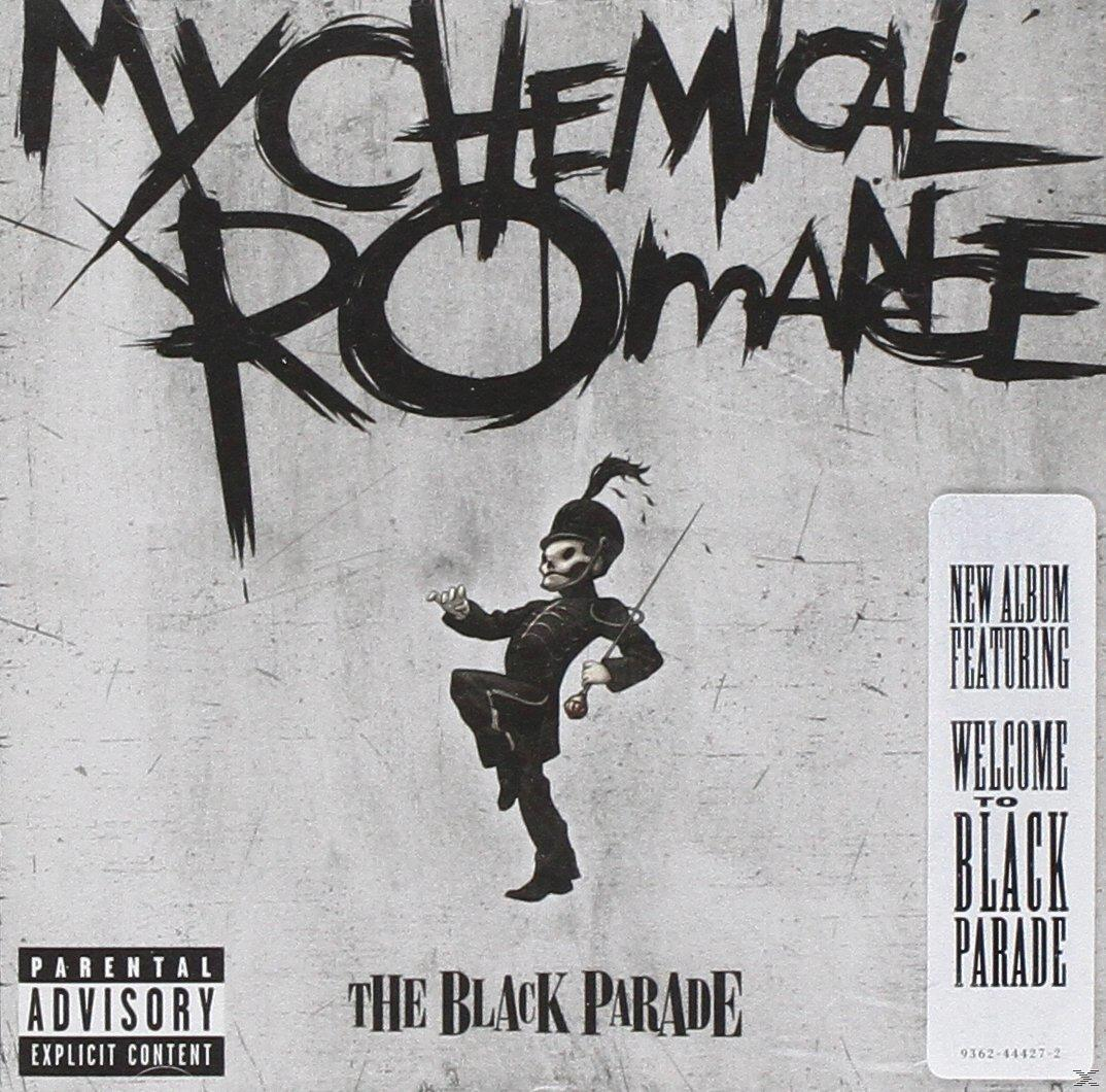 Albumcover: Schwarz-Weiß-Bild eines marschierenden Skeletts, Text: The Black Parade.