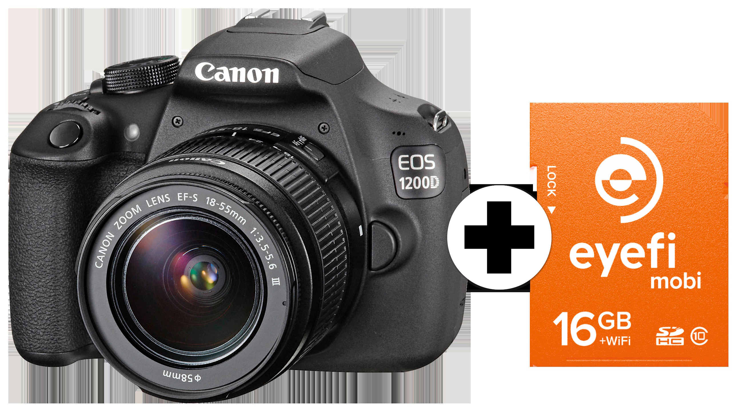 CANON EOS 1200D + Eyefi Speicherkarte Spiegelreflexkamera, 18 Megapixel, 18-55 mm Objektiv, Schwarz