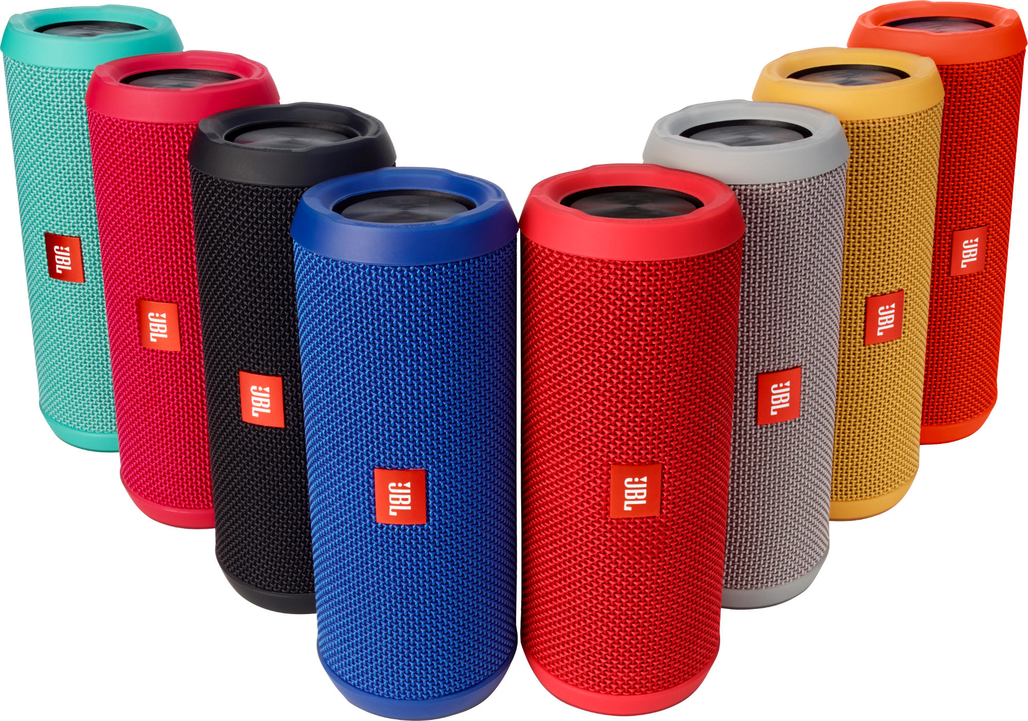 Sammlung farbiger JBL-Lautsprecher, mit dem JBL-Logo auf jedem.