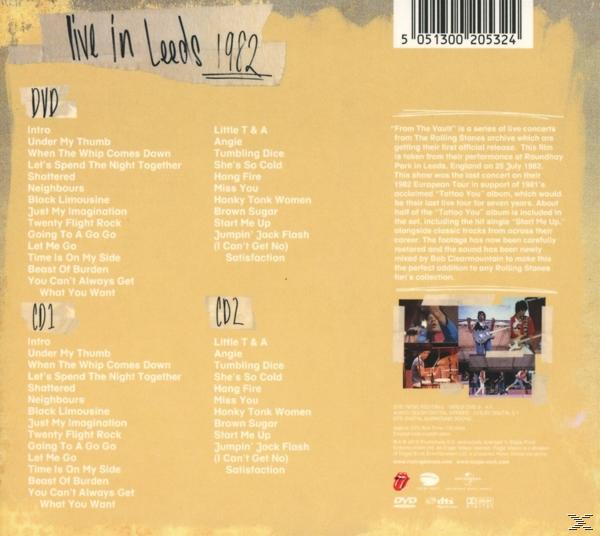 CD-Cover: 'Live in Leeds 1982' von The Rolling Stones. Tracklisten für DVD und CDs sind sichtbar.
