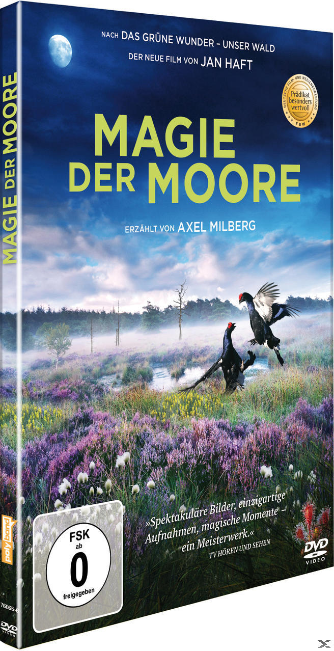 DVD-Cover. Zwei schwarze Vögel fliegen über ein lilafarbenes Blumenfeld. Der Titel lautet Magie der Moore.
