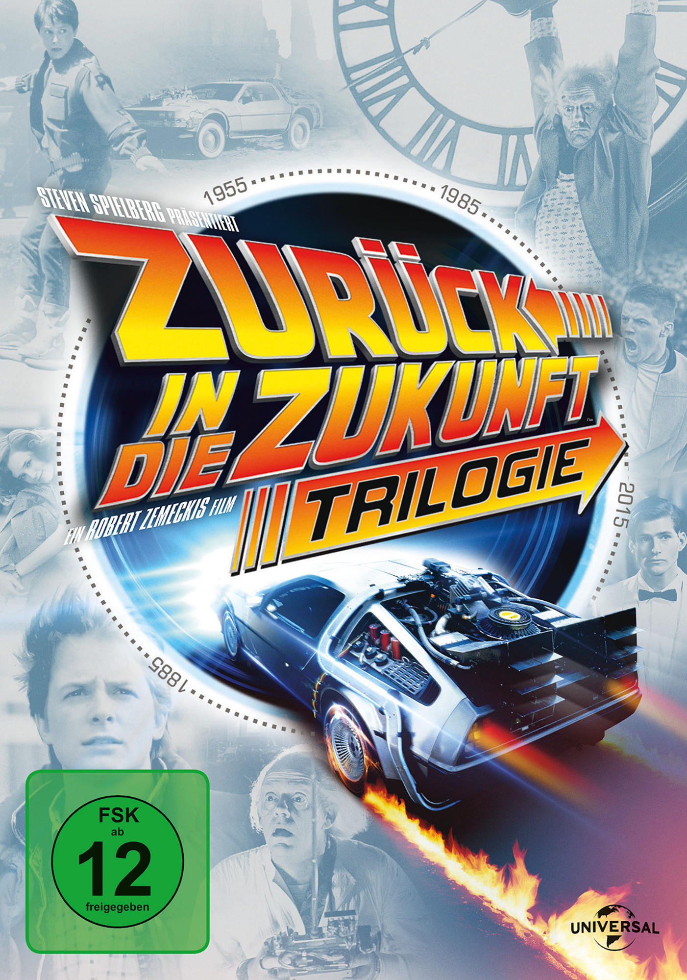 Filmplakat für Zurück in die Zukunft Trilogie. Ein DeLorean steht im Mittelpunkt des Posters, Bilder im Hintergrund.