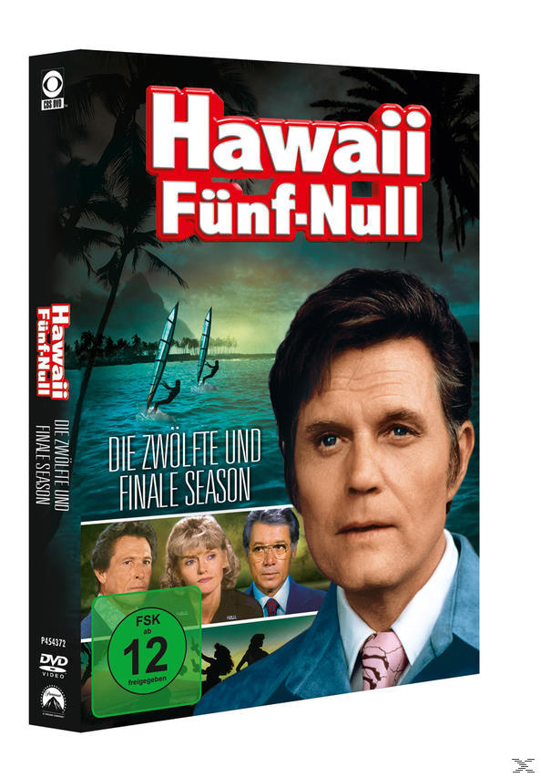 Hawaii Five-0 DVD-Cover. Gesicht des Schauspielers, Palmen und Windsurfer am Strand im Hintergrund.