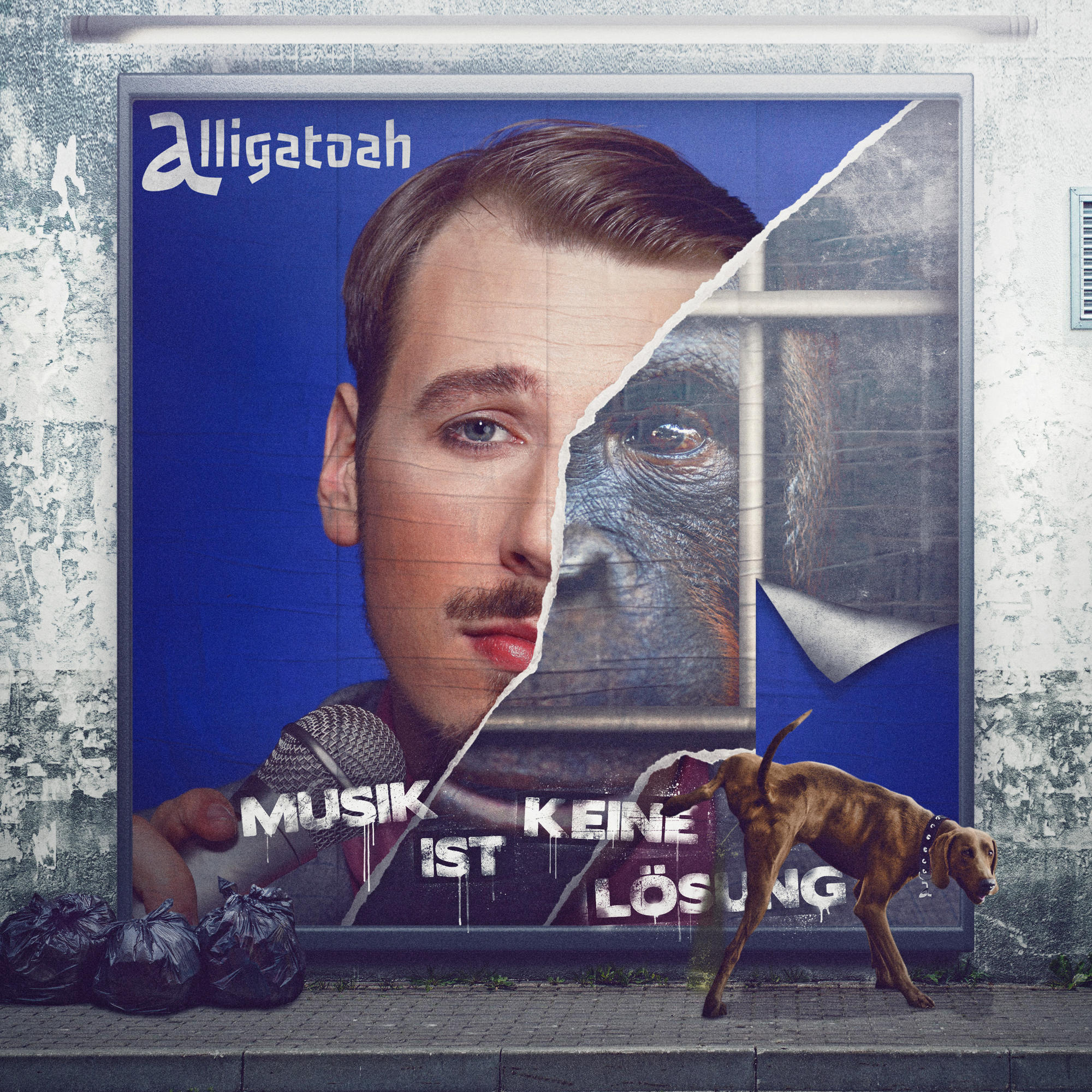 Poster von Alligatoah mit einem Risseffekt, der einen Affen zeigt; im Vordergrund ein Hund.