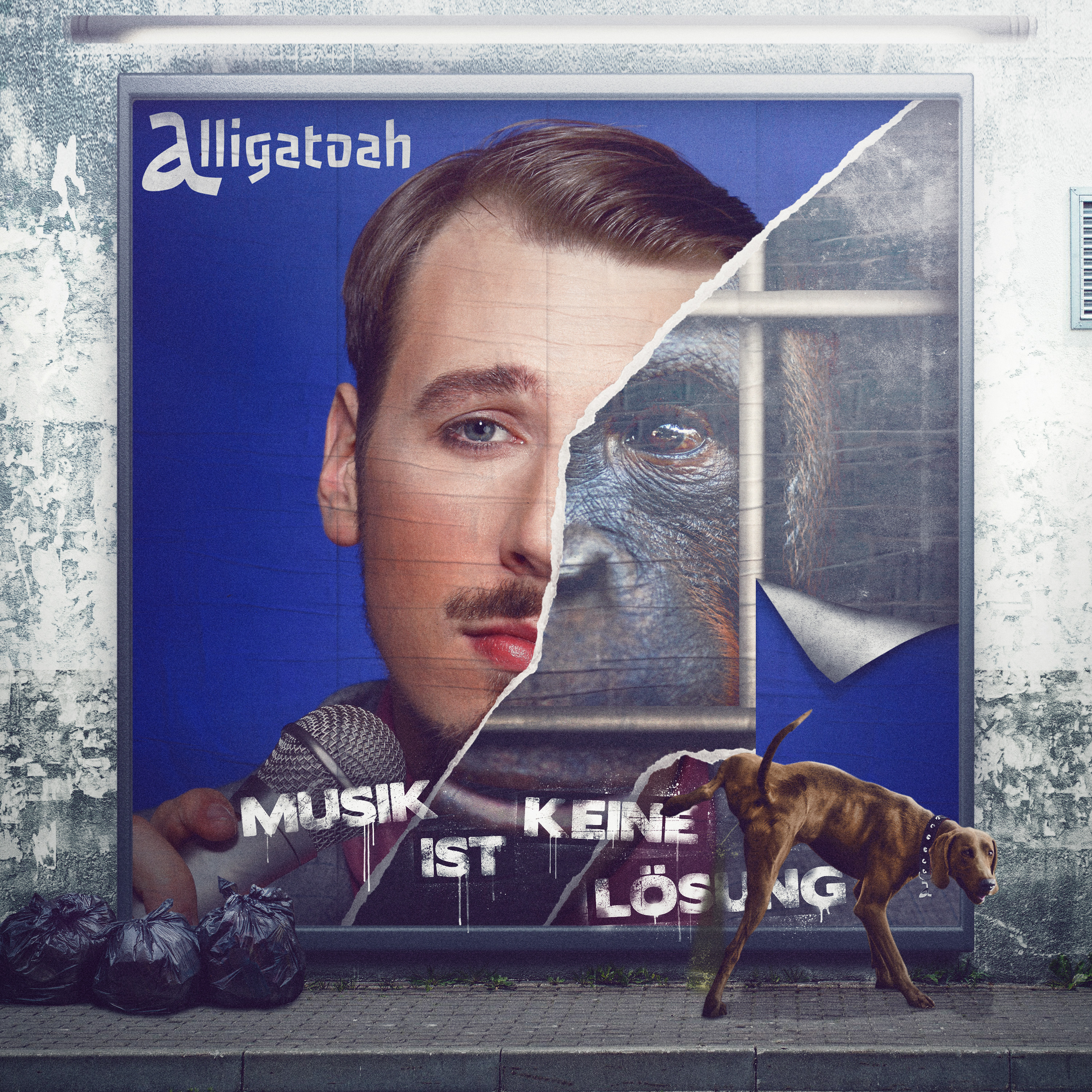 Albumcover, das Gesicht eines Mannes mit einem zerrissenen Bild eines Affen im Hintergrund und einem Hund.