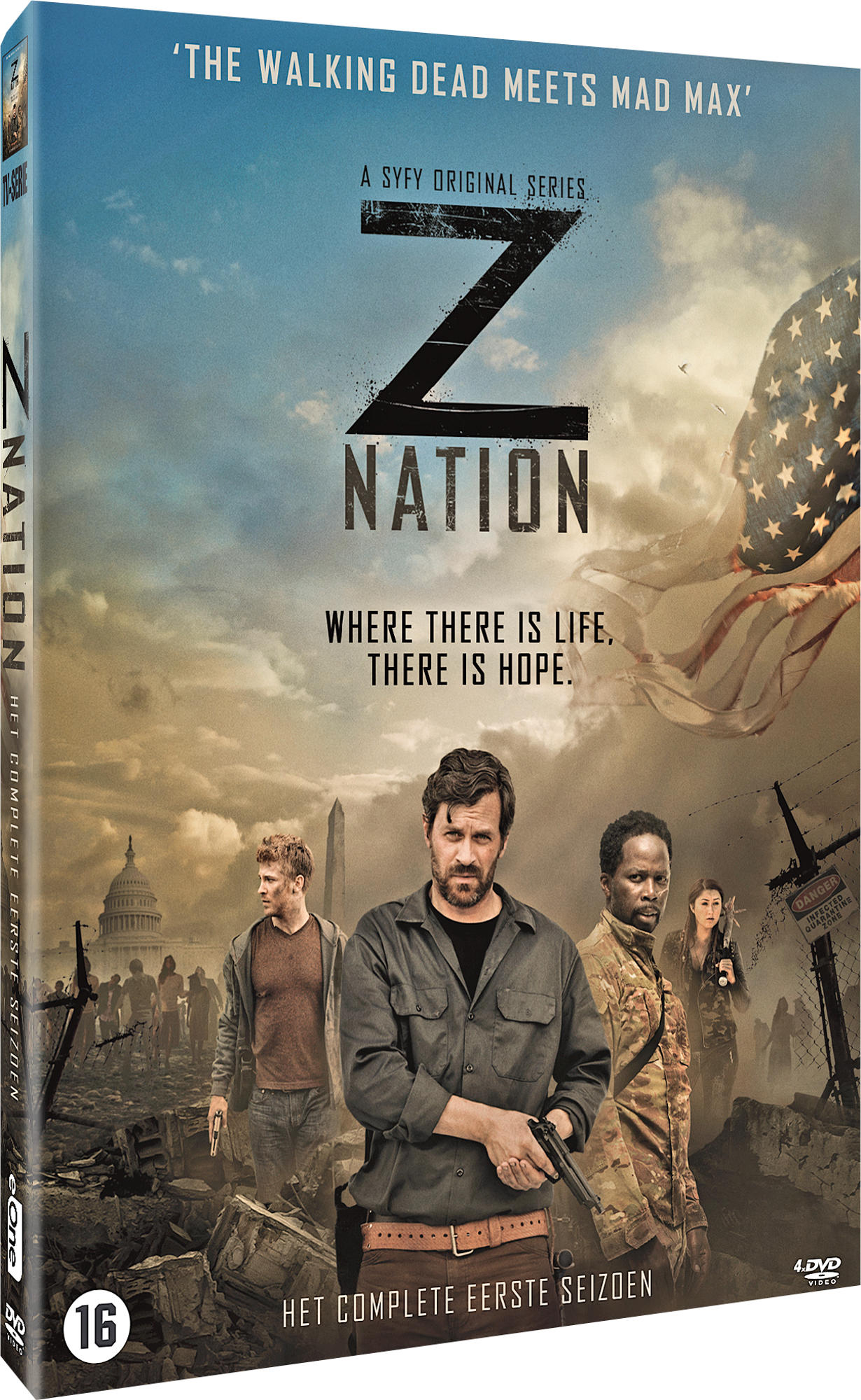 Jaquette DVD de 'Z Nation'. Avec des acteurs dans un cadre post-apocalyptique avec le drapeau américain.