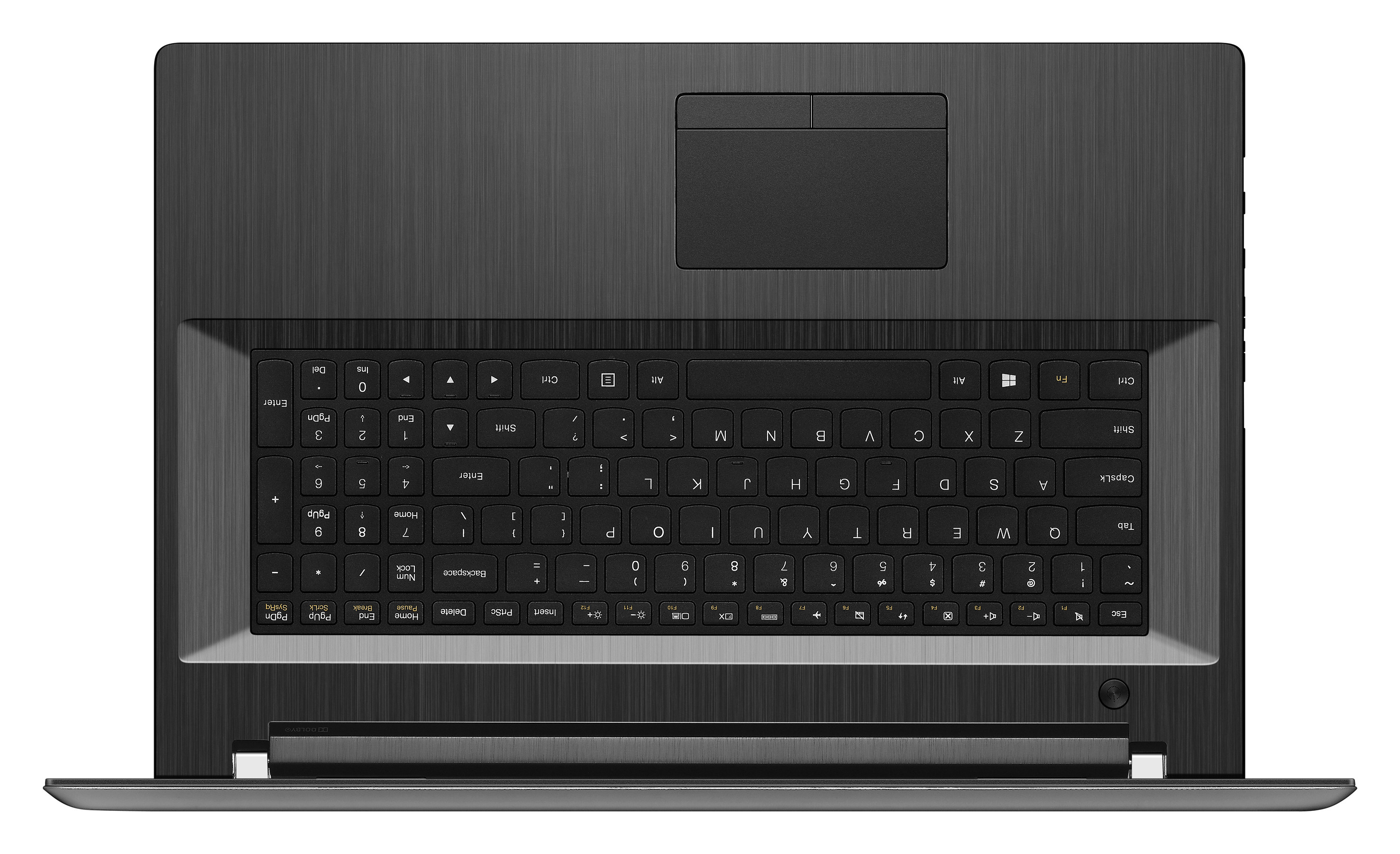 Laptop, Draufsicht, Tastatur und Touchpad sichtbar.