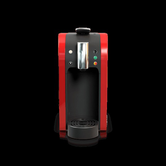 Eine rot-schwarze Kaffeemaschine mit schwarzem Hintergrund. Sie hat einen silbernen Ausguss und einen schwarzen Sockel.