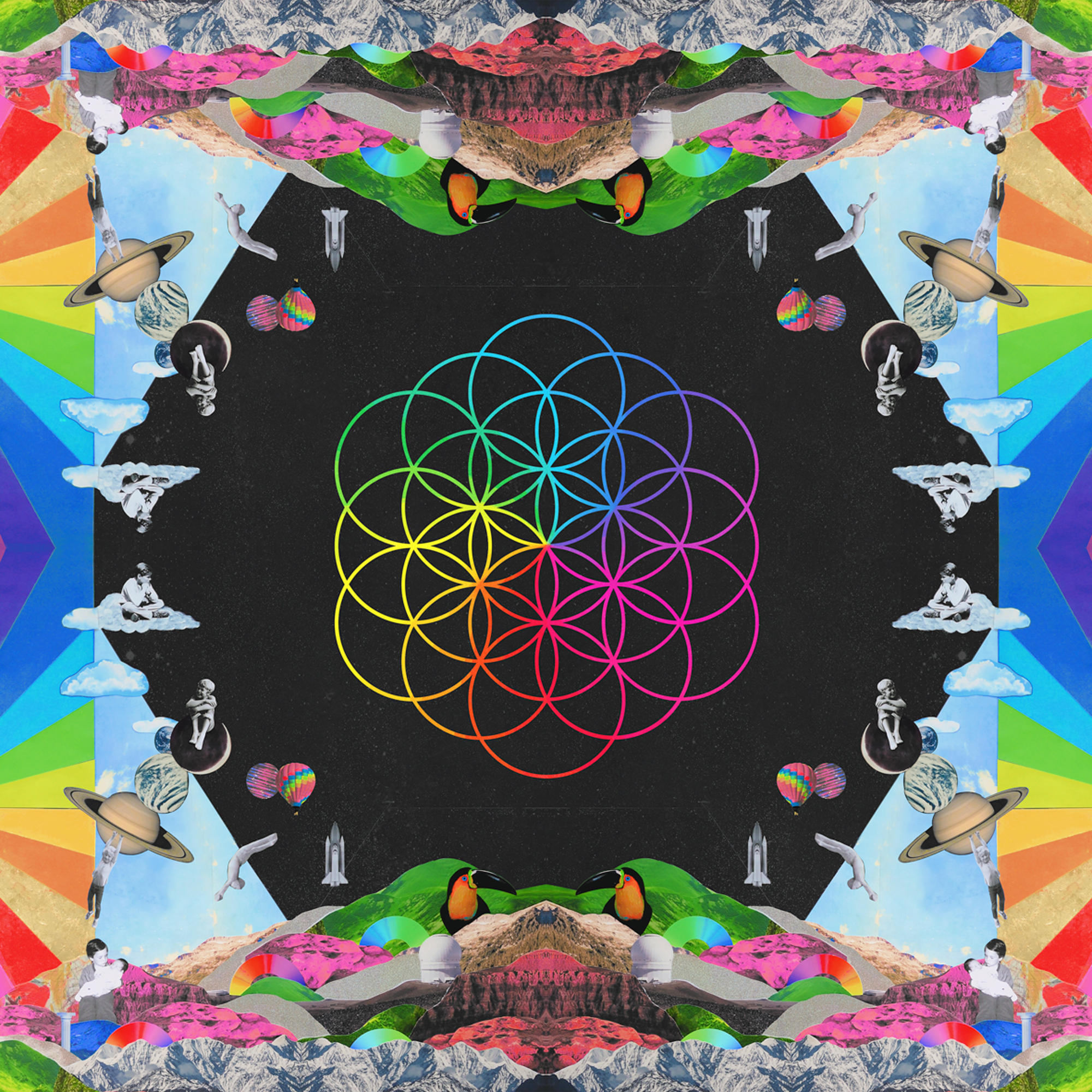 Buntes Albumcover mit einem Flower-of-Life-Design auf Schwarz. Umgebende Elemente sind Planeten und Regenbogen.