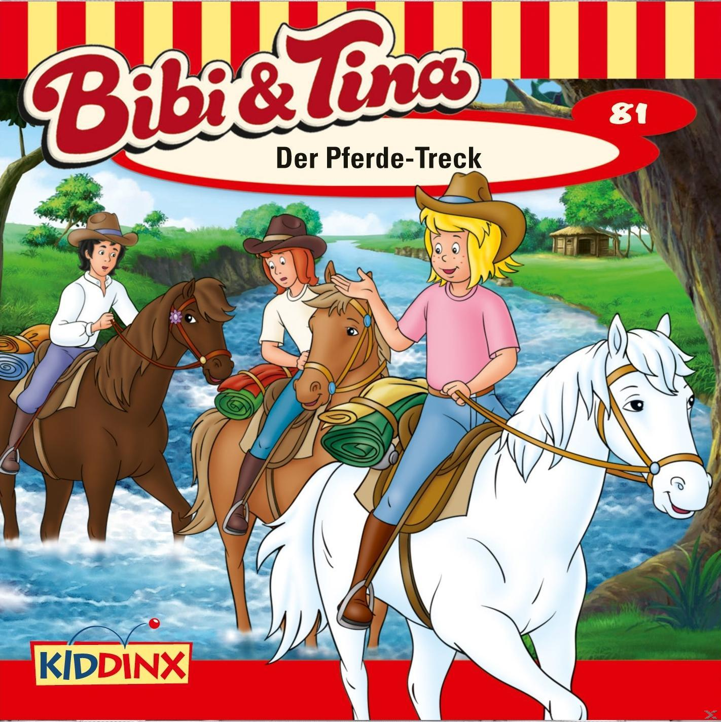 Bibi & Tina Cartoon-Cover. Vier Personen auf Pferden an einem Fluss.