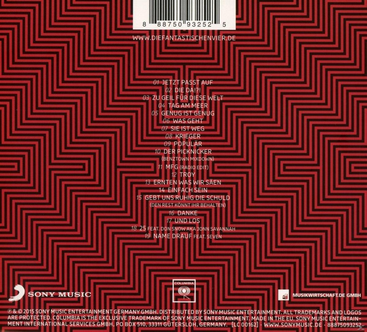 Album-Rückseite mit Trackliste. Rotes und schwarzes geometrisches Design.