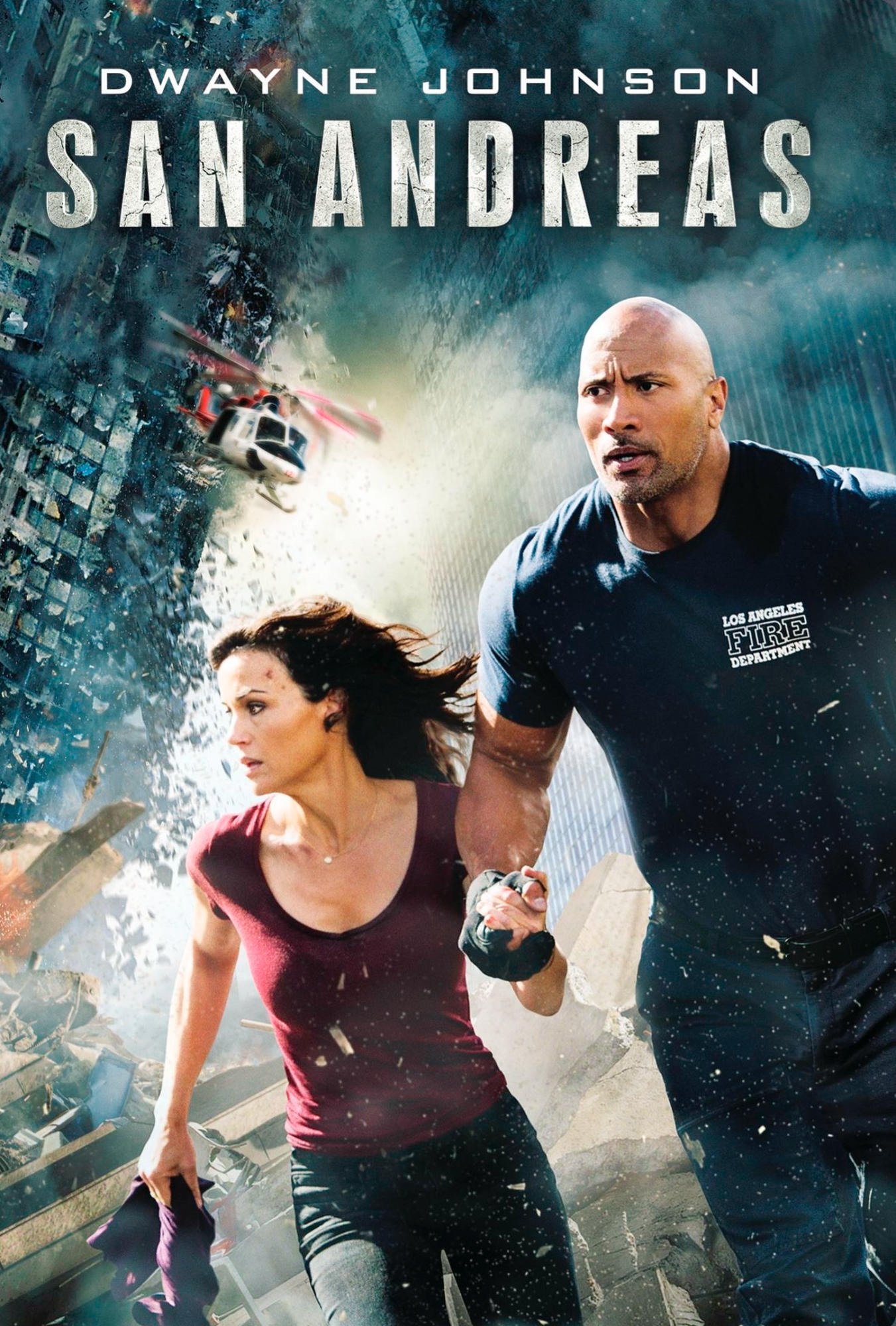 Filmposter voor San Andreas, met Dwayne Johnson en een vrouw die wegrennen van een rampenscène.