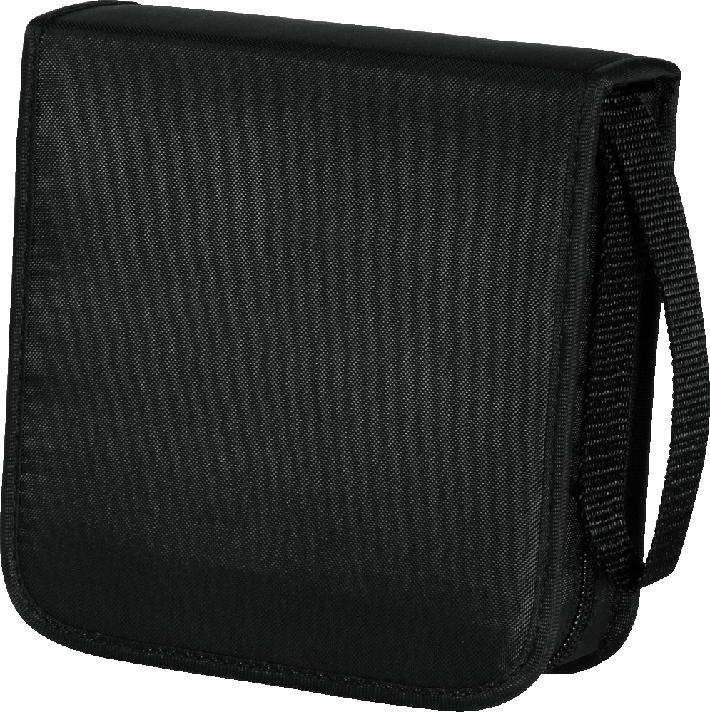 Ein schwarzes rechteckiges Etui mit Reißverschluss und Trageriemen.