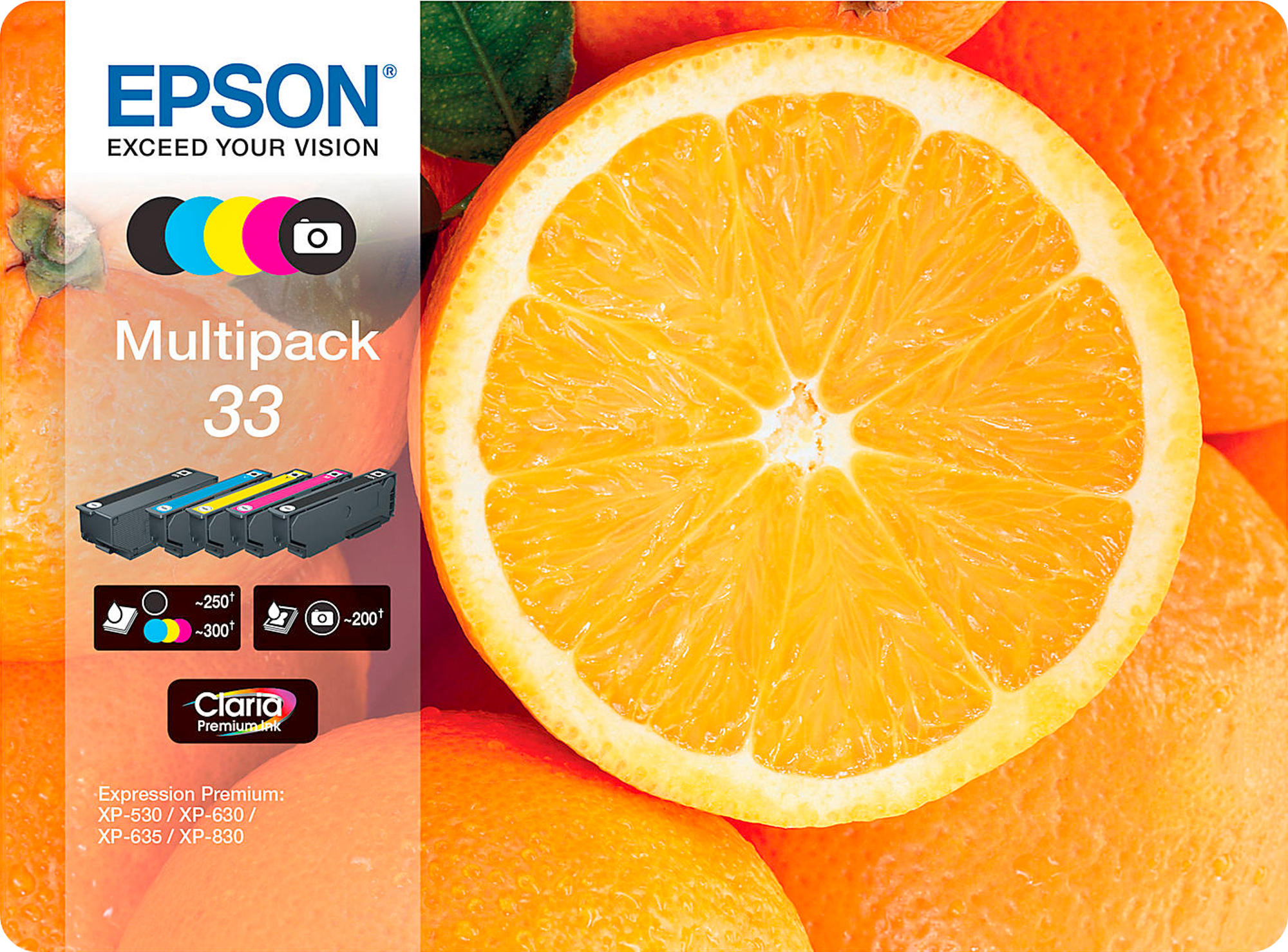 Eine Orangenscheibe mit Details. Epson Tintenpatronen und ein Logo im Hintergrund.