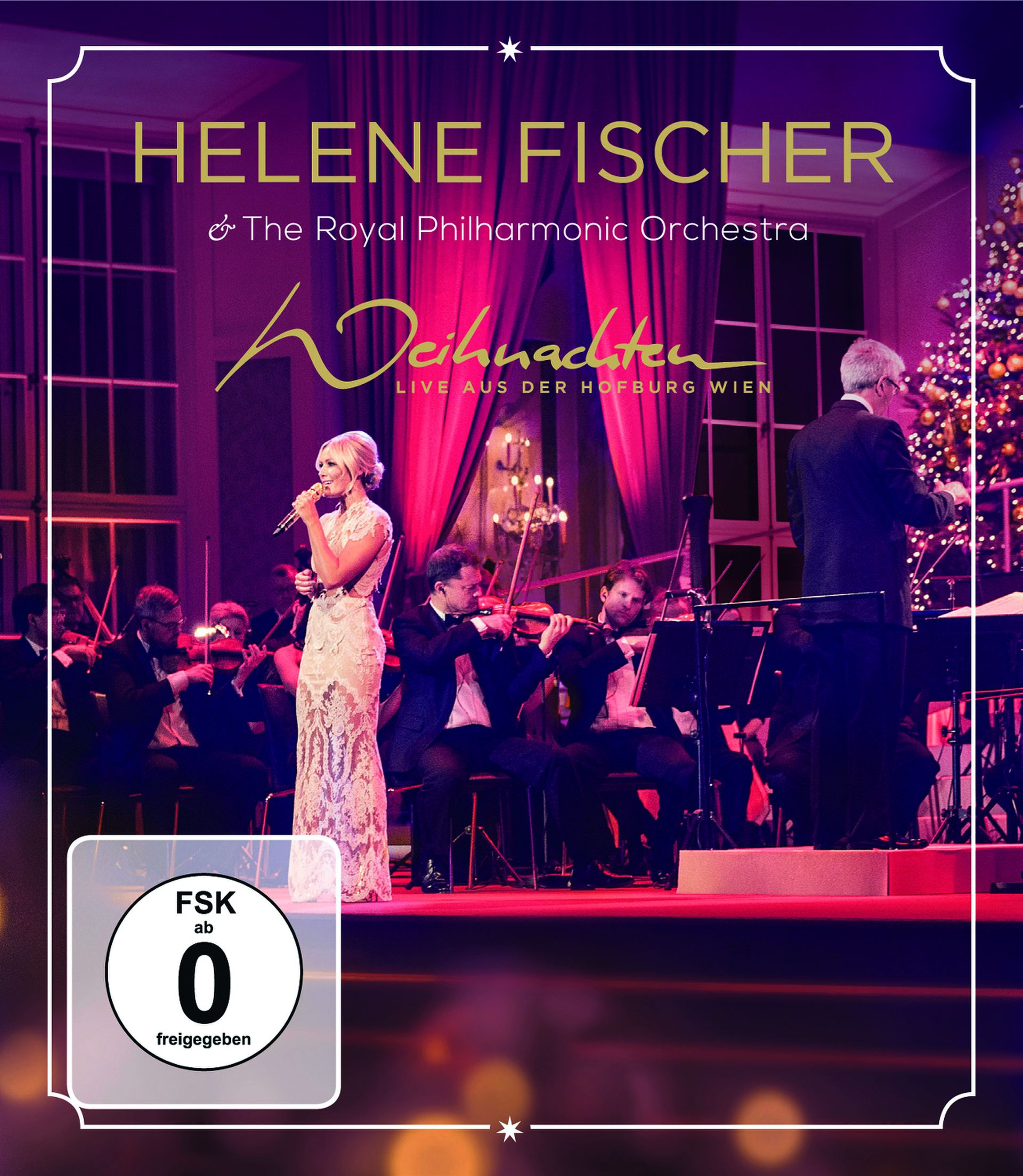 DVD-Cover mit Helene Fischer, die auf der Bühne mit Orchester singt, Weihnachtsthema.