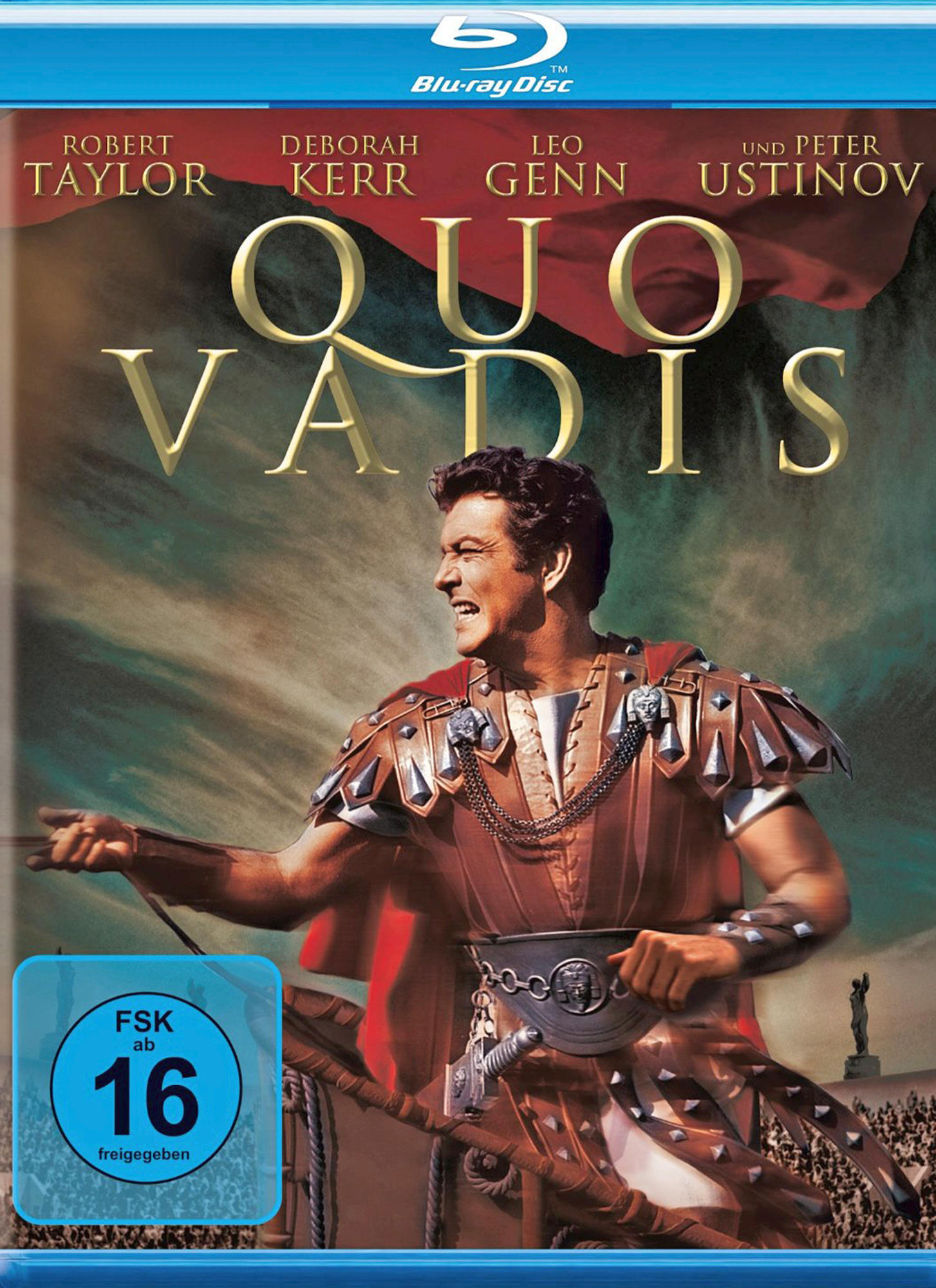 Blu-ray-Cover mit einem Mann in römischer Kleidung auf einem Pferd. Titel: Quo Vadis.