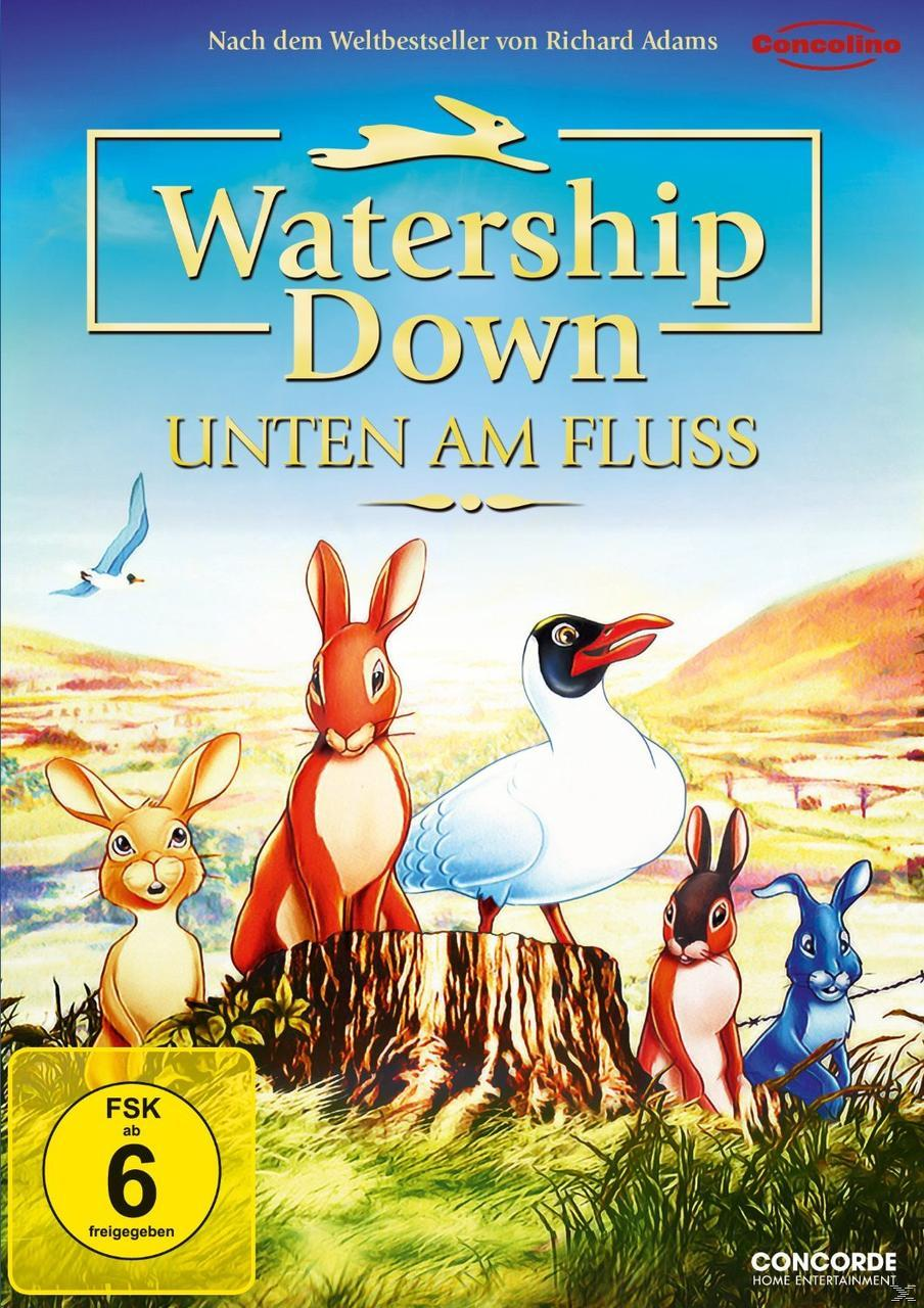 DVD-Cover von Watership Down. Kaninchen und eine Möwe auf einem Baumstumpf, grünes Gras, blauer Himmel.