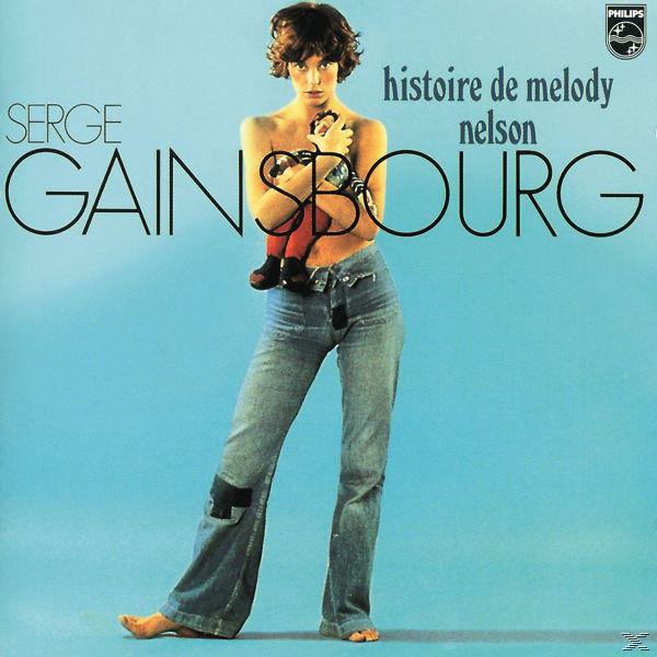 Albumcover: Frau hält Puppe, Jeans, blauer Hintergrund, Serge Gainsbourg Titel.
