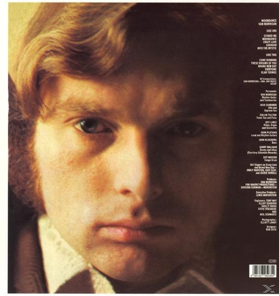 Albumcover mit Männergesicht, betitelt 'Moondance'. Text enthält Songtitel und Credits.