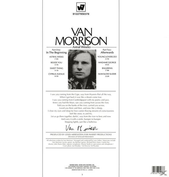 Album-Rückseite mit Text, einem Foto von Van Morrison und einer Titelliste.