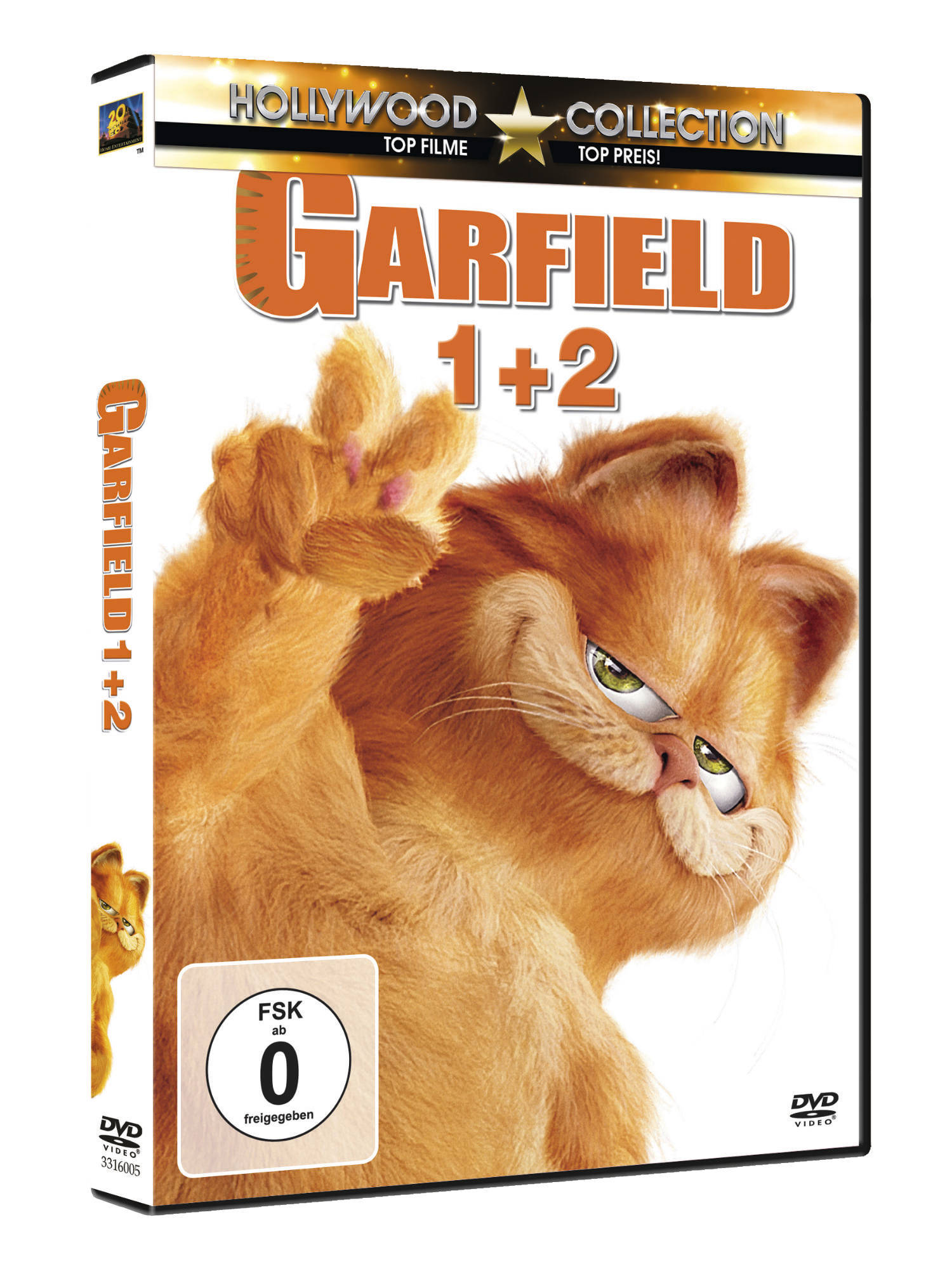 DVD-Cover von Garfield, orange Katze, Cartoon-Stil, mit Filmtitel.