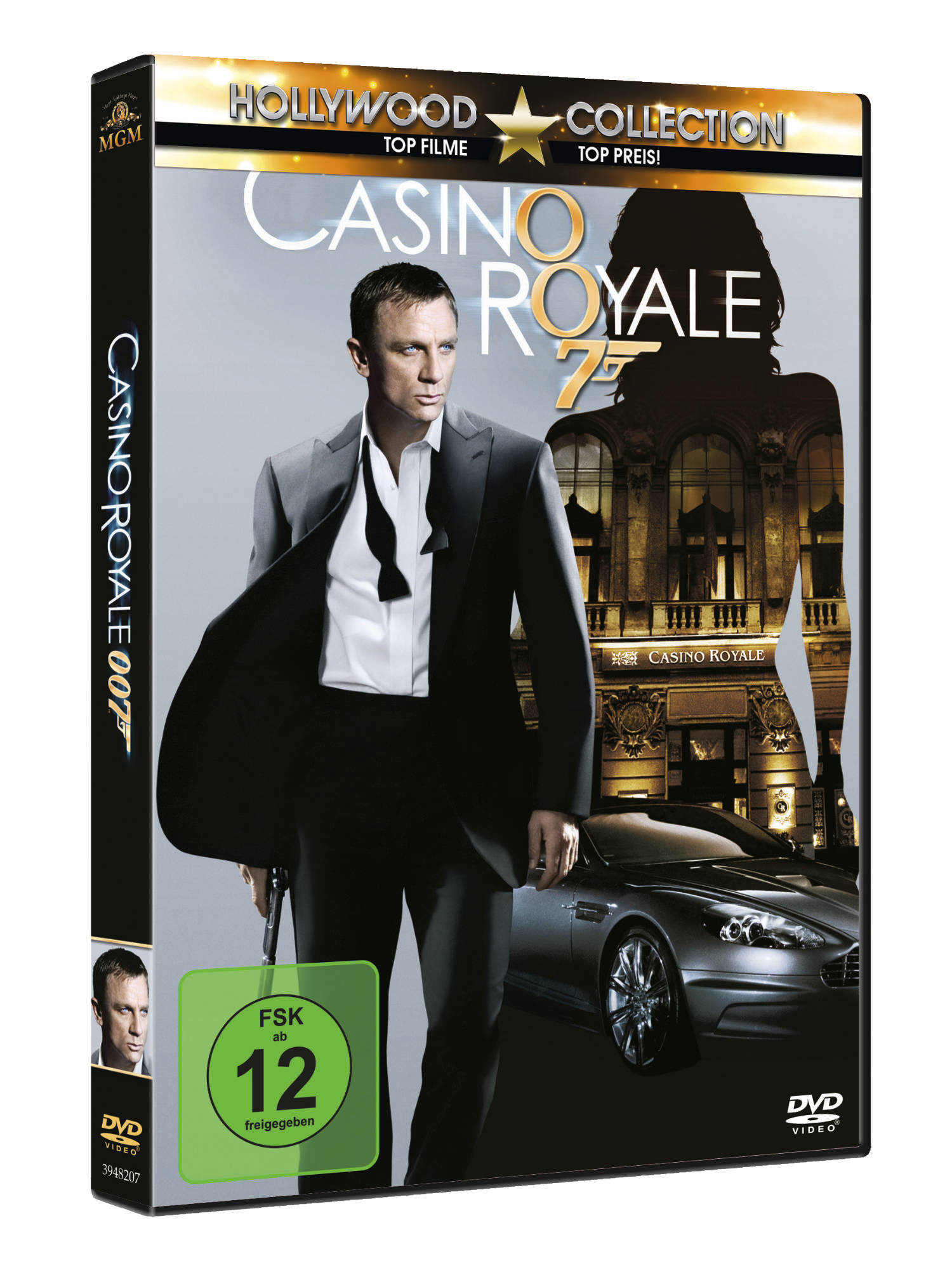 DVD-Cover für "Casino Royale" mit Daniel Craig im Anzug, einem Auto und einer Frau.