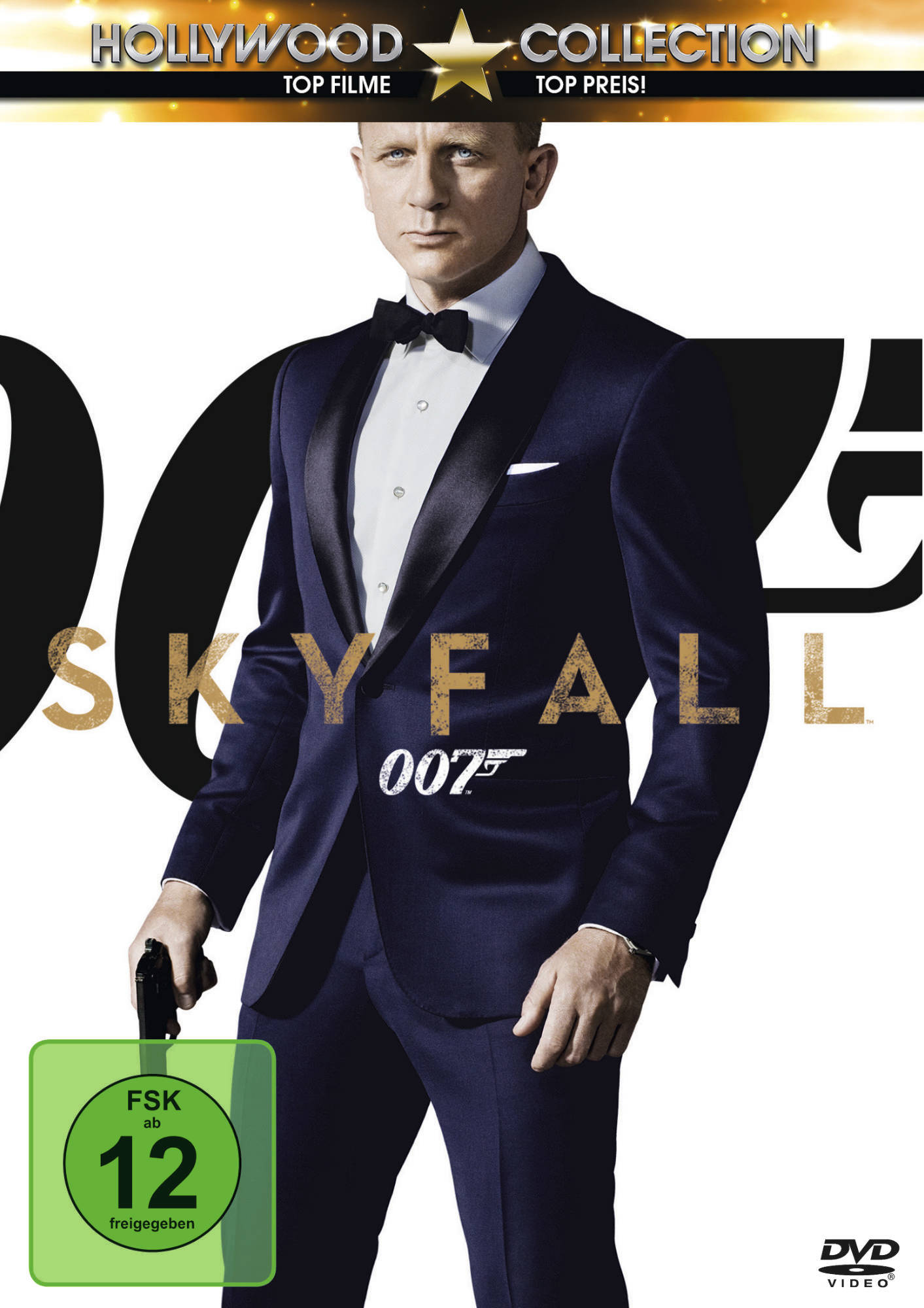 Skyfall DVD-Cover. Daniel Craig im Anzug hält eine Waffe. Der Hintergrund ist weiß.
