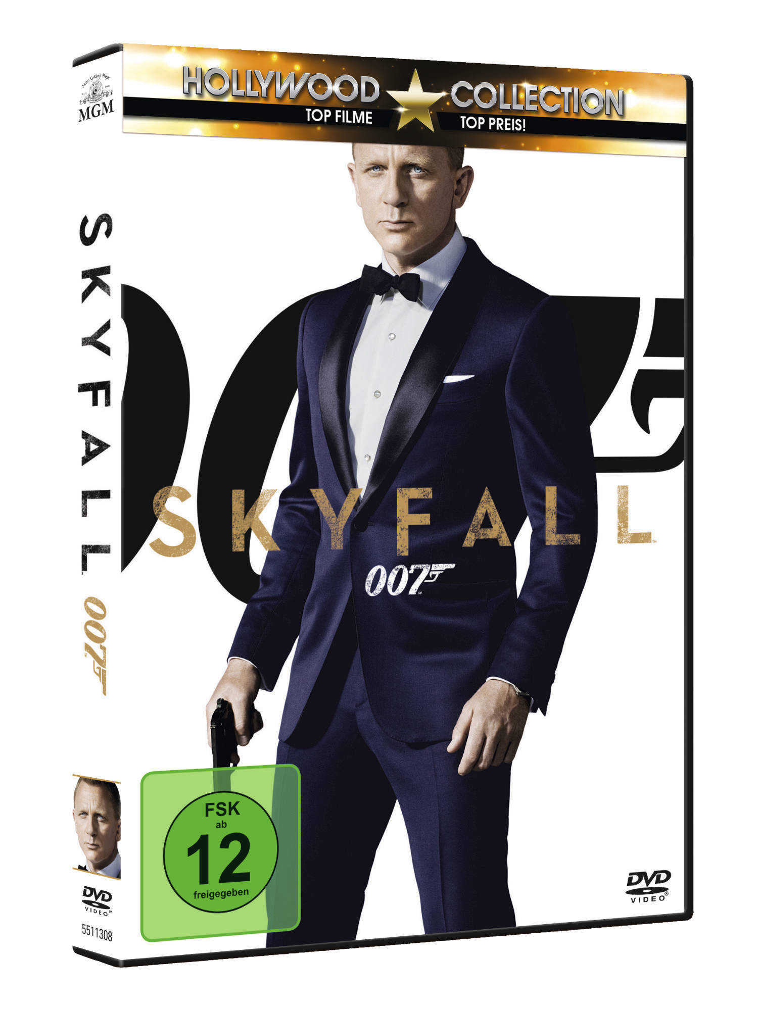 DVD-Hülle für den James-Bond-Film Skyfall mit Daniel Craig im Anzug und einer Waffe.