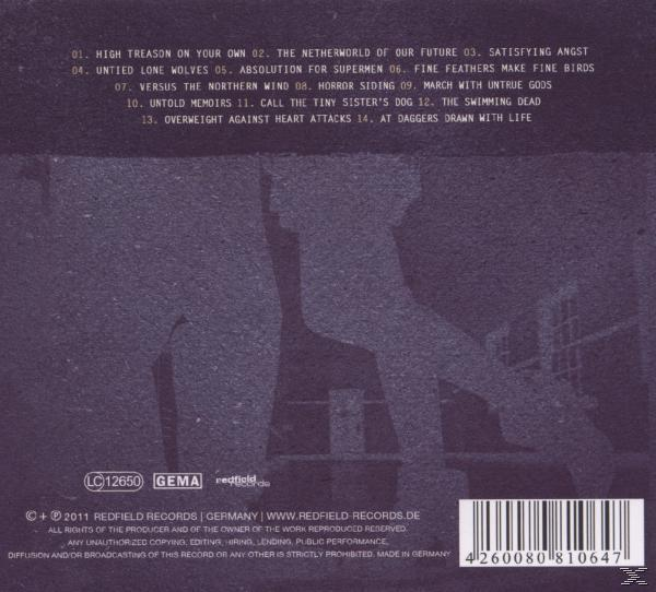 CD-Rückseite mit Songtiteln und grauem, strukturiertem Hintergrund.