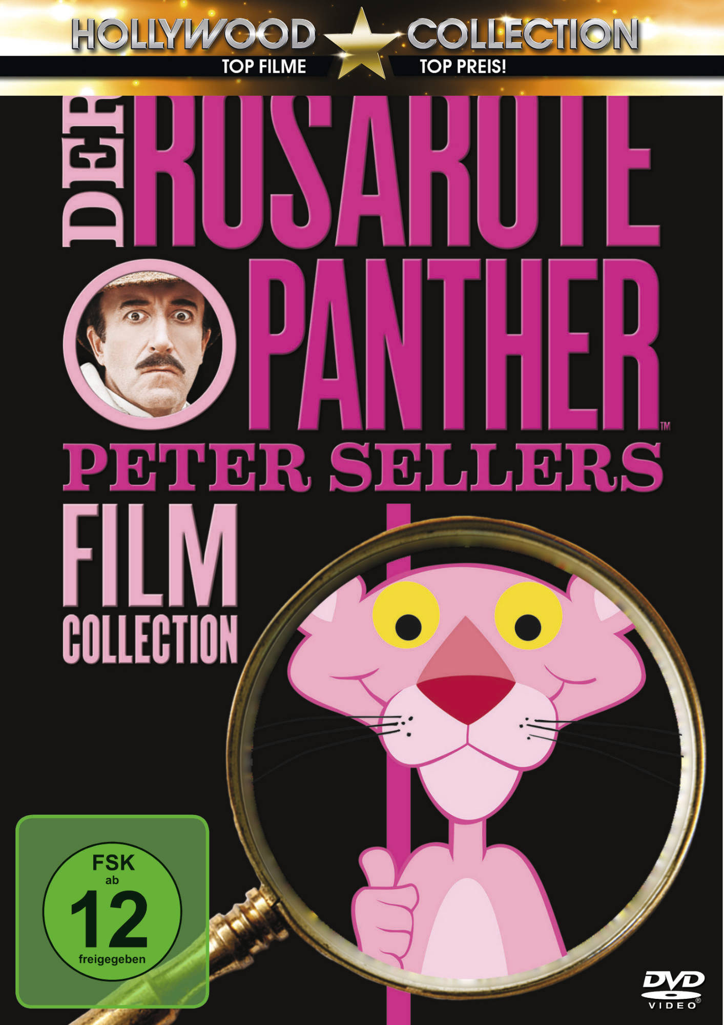 DVD-Cover: Rosa Panther auf einem rosa Stock, Lupe über dem Gesicht eines Mannes.