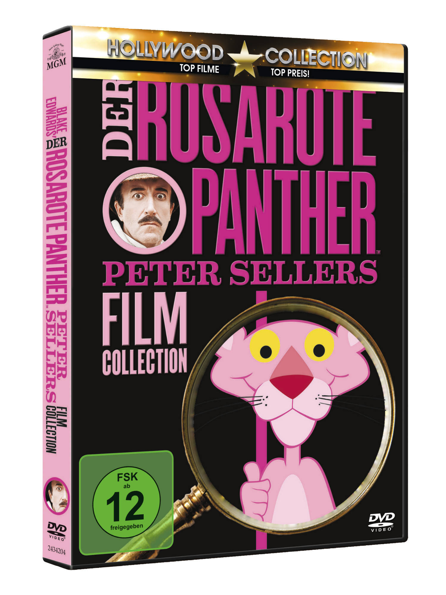 DVD-Cover. Der rosarote Panther ist vorne drauf. Ein Mann mit Schnurrbart ist in einem Kreis.
