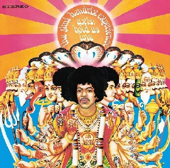 Pochette d'album : Jimi Hendrix avec plusieurs bras, entouré de divinités hindoues.