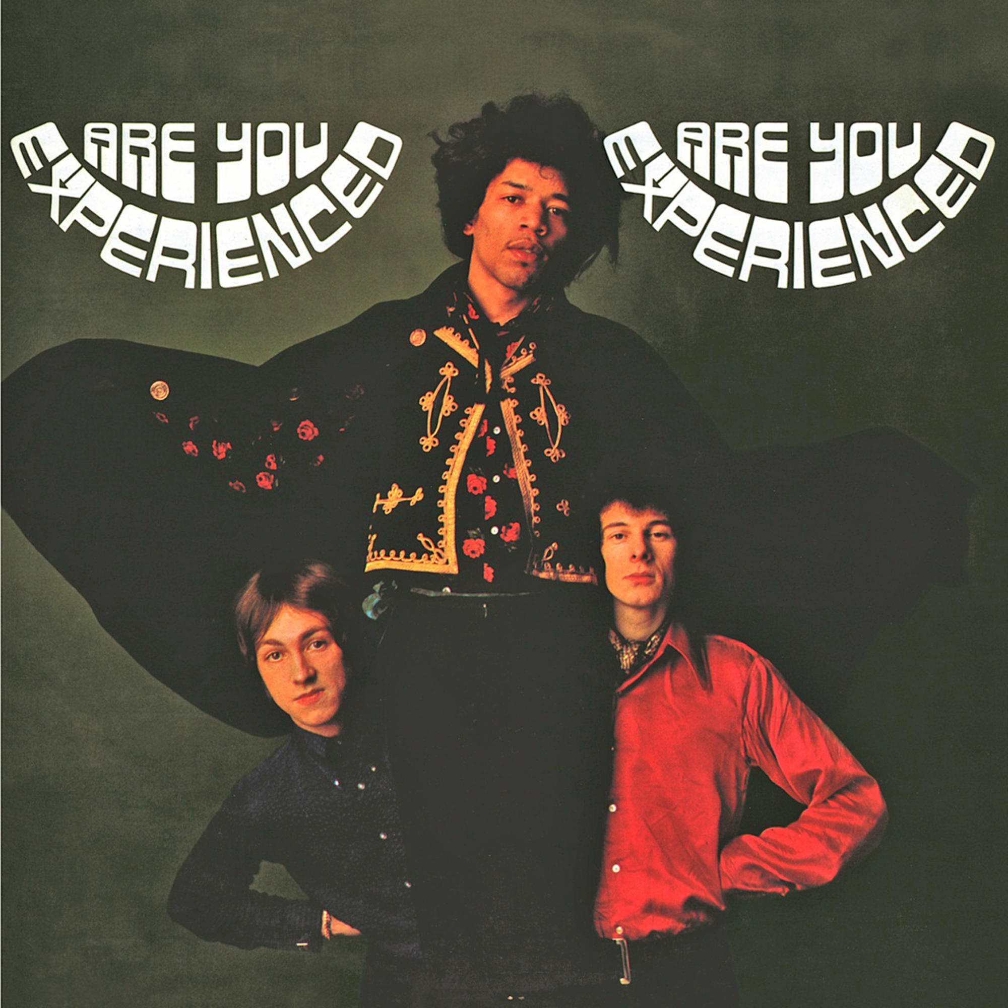 Albumborító Jimi Hendrix-szel és két férfival. A 'Are You Experienced' szöveg felettük ível.