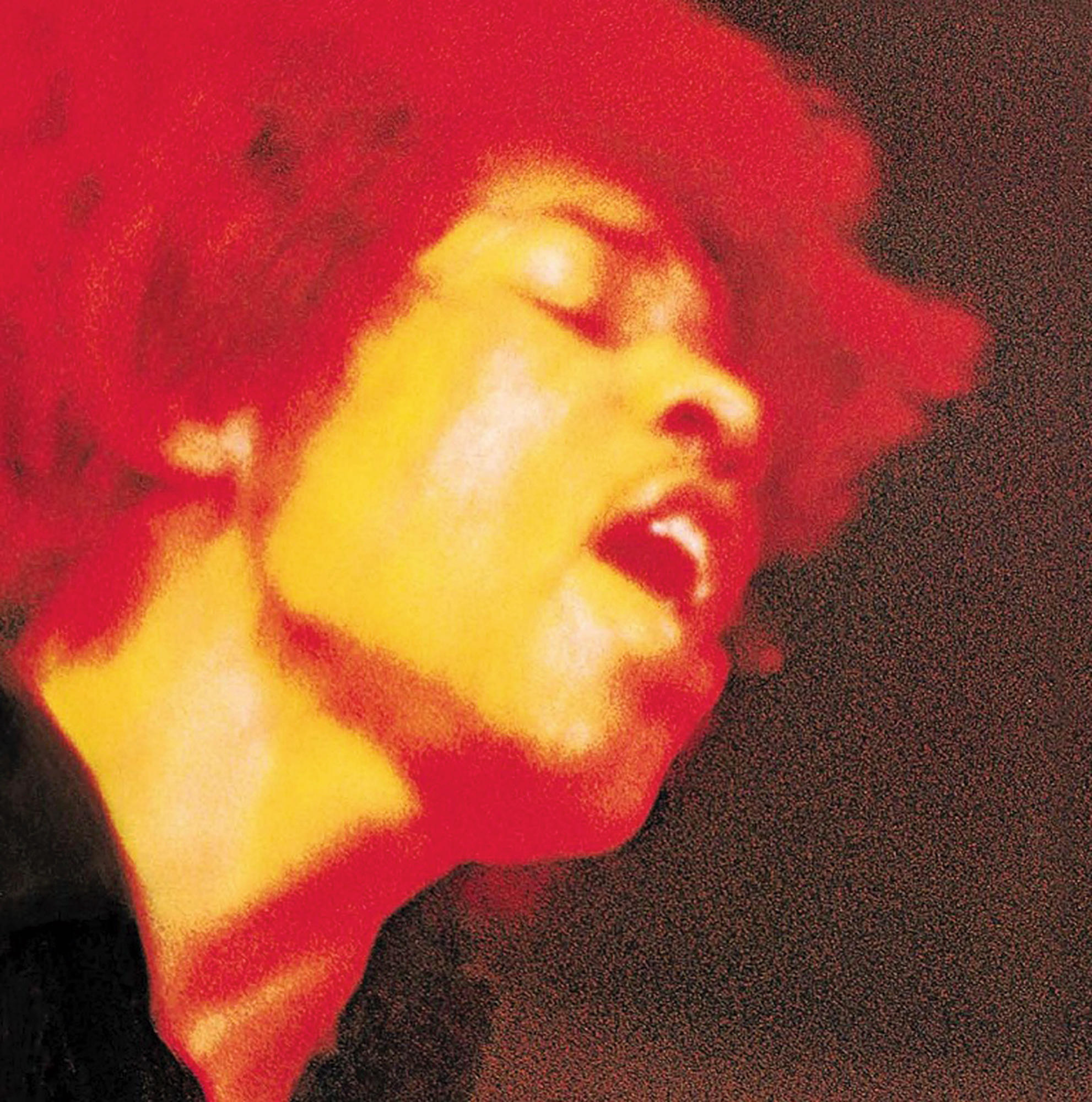 Nahaufnahme von Jimi Hendrix' Gesicht, rot und gelb gefärbt. Er singt mit offenem Mund.