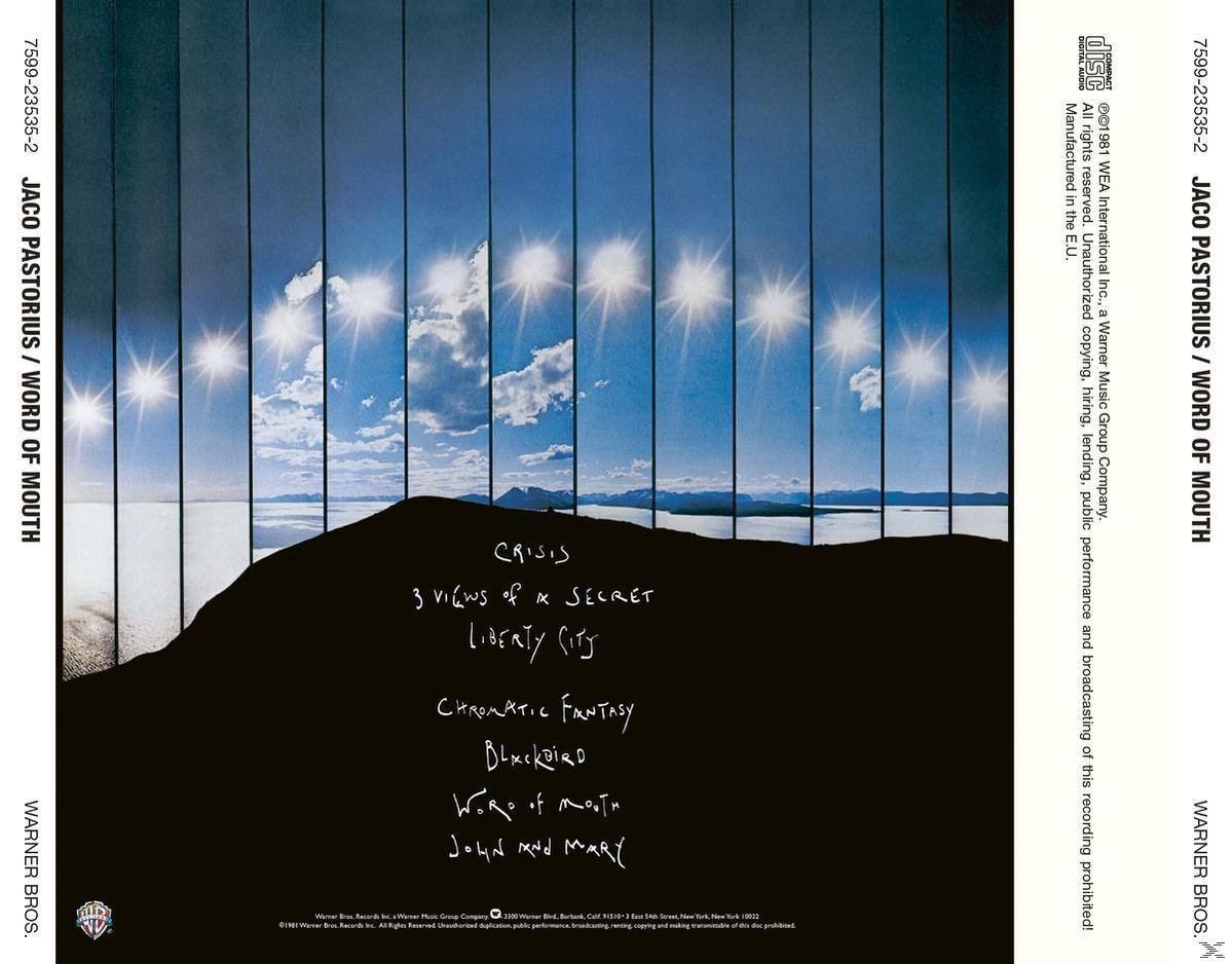 Albumcover: Himmel mit Sonne, schwarze Silhouette einer Landschaft und Text 'Jaco Pastorius / Word of Mouth'.
