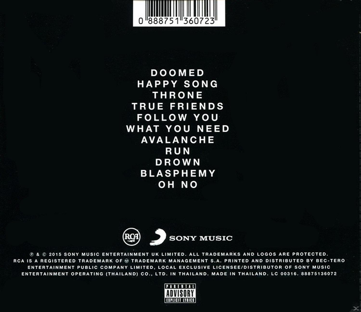 Album-Rückseite mit Titeln: Doomed, Happy Song, Throne, True Friends, Follow You usw.