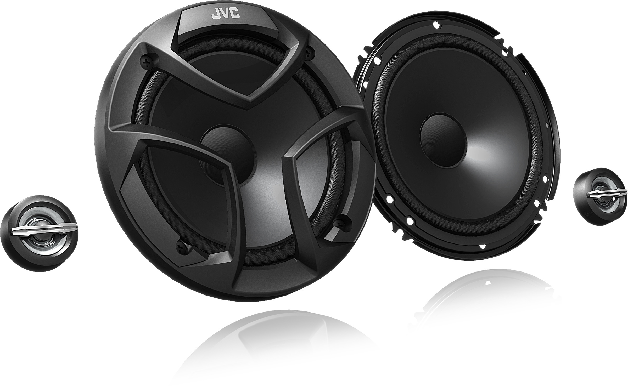 JVC-Lautsprecherset. Drei schwarze Lautsprecher mit modernem Design, auf weißem Hintergrund gezeigt.