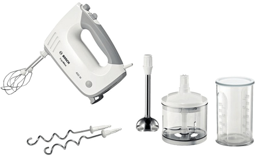 Handmixerm onderdelen: Witte mixer met opzetstukken, inclusief gardes en een blender.