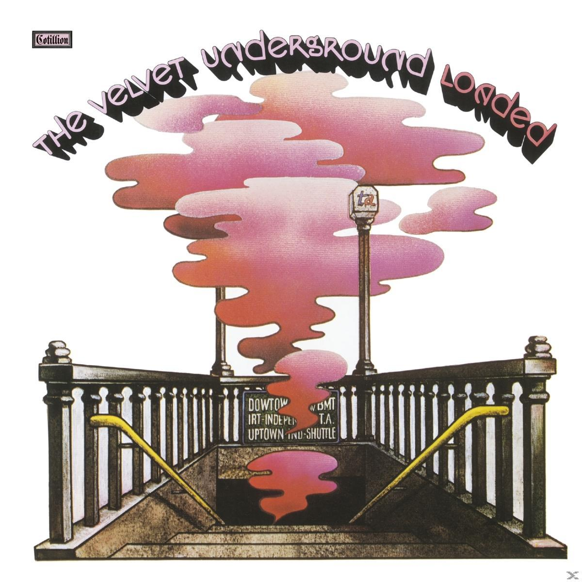 The Velvet Underground Albumcover: U-Bahn-Eingang, rosa Wolke darüber, Text in Weiß und Rosa.