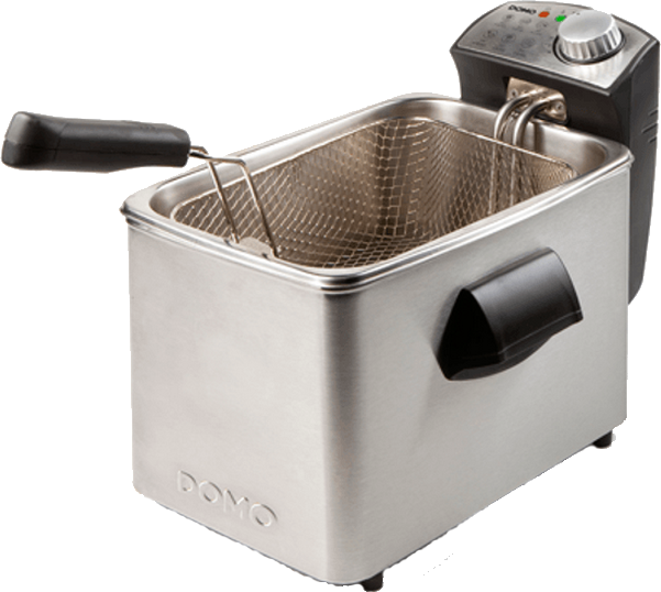 Une friteuse en acier inoxydable avec un panier et un panneau de commande. Le mot DOMO est sur la machine.