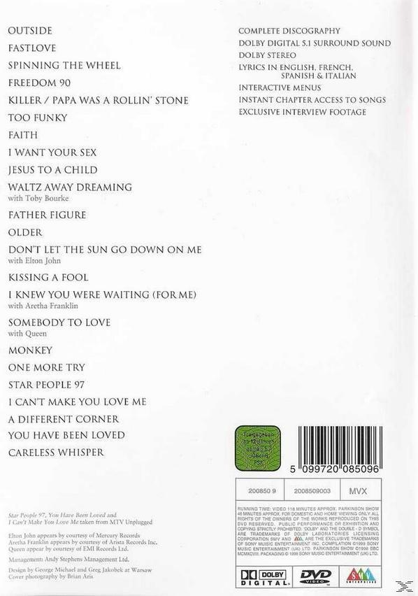 DVD-Rückseite mit einer Liste von Songs und Text in Englisch und Spanisch.
