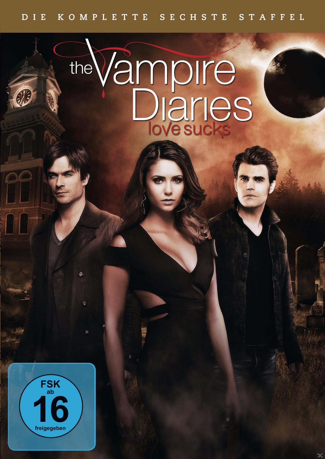 The Vampire Diaries DVD-Cover. Drei Schauspieler stehen vor einem Gebäude, mit dunklem Himmel und dem Schriftzug "love sucks".