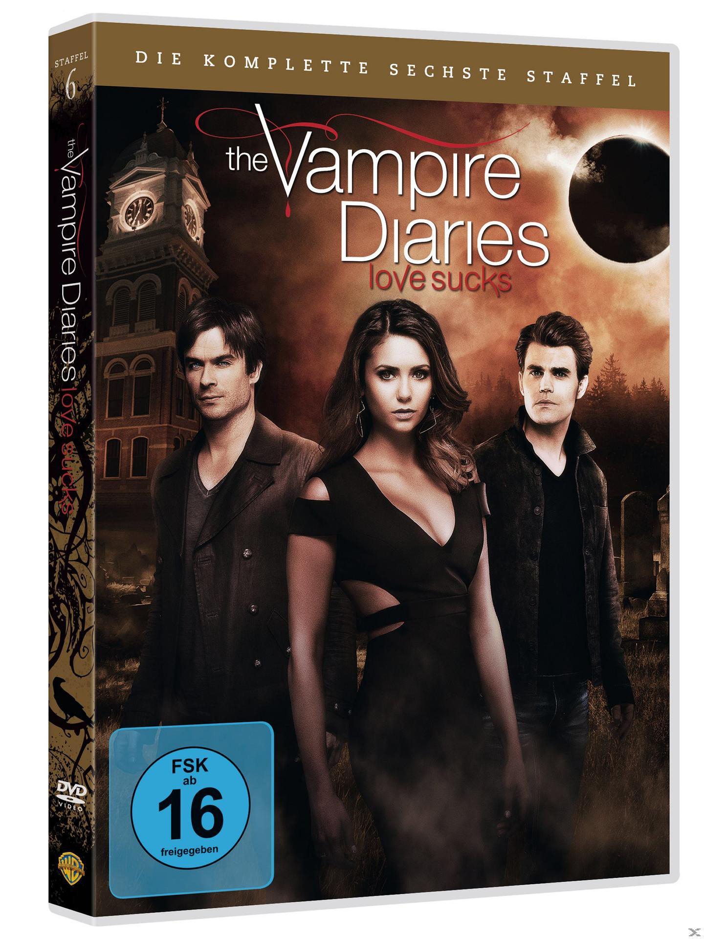 DVD-Cover mit drei Personen und Text: The Vampire Diaries.