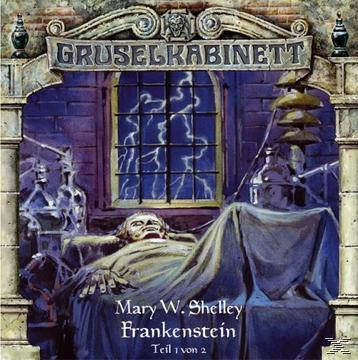 Albumcover, Frankenstein-Illustration, ein Mann in einem Labor. Dunkelblaue und violette Farben.