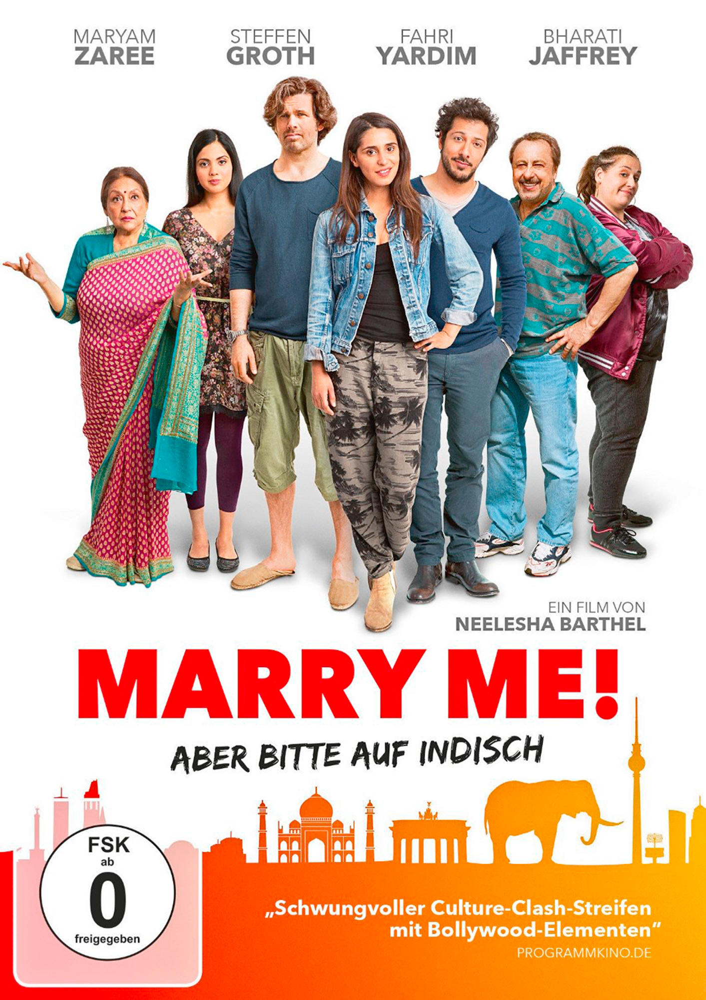 Filmposter mit einer Gruppe von Leuten, Text MARRY ME! und Text auf Deutsch.